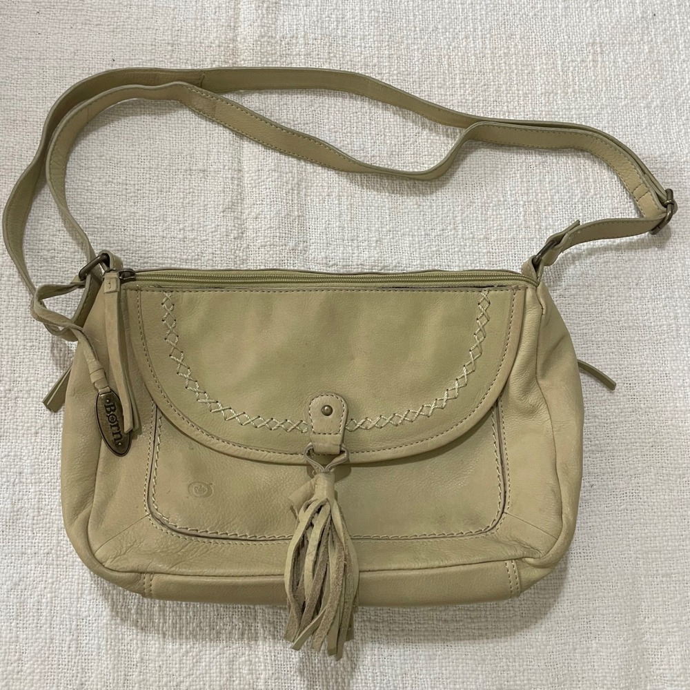 Born Tan Leather Crossbody Bag Whipstitch Tassel Boho Shoulder Purse